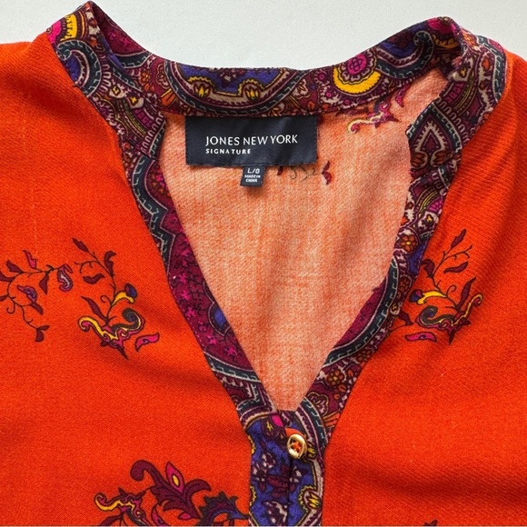 Jones New York Blouse Gold Buttons Paisley Tunic Moroccan Orange Top Shirt Sz L - Picture 11 of 16